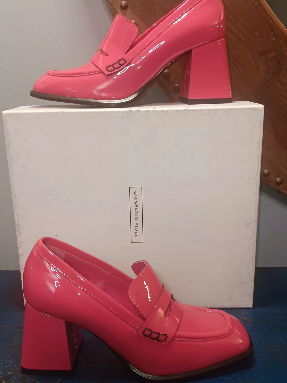 Pink Patent Block-Heel Loafers